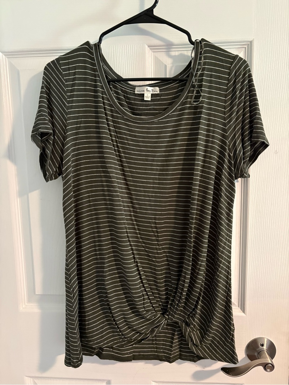 nine britton Olive & White Striped Twist-Hem Short Sleeve Top